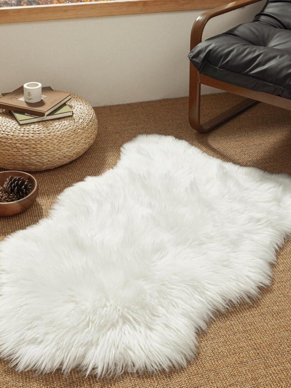 Ashler Faux Fur Rug, White, 2x3 Ft, Machine Washable